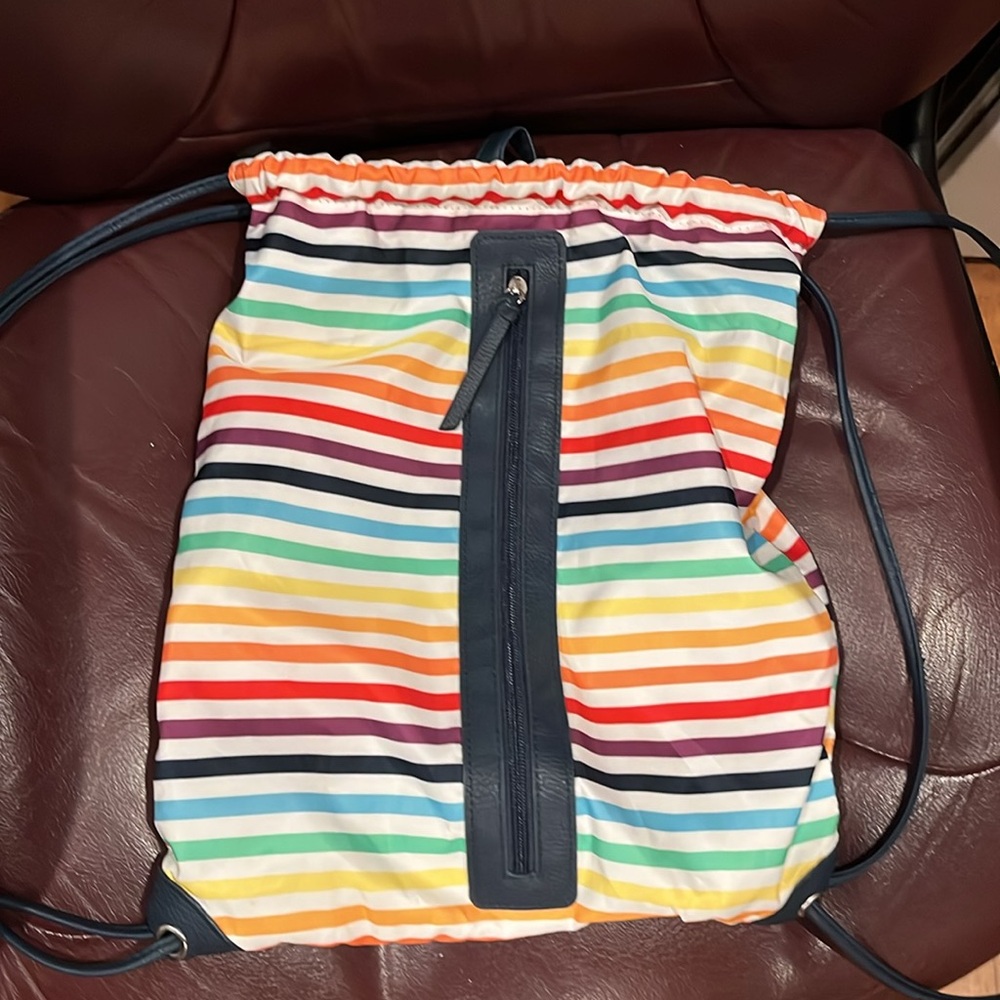 RAINBOW striped BAG drawstring backpack 12”x 15” blue lining polyester new light
